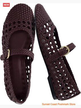 Woven Mary Jane Ballet Flats with Adjustable Strap Faux Leather